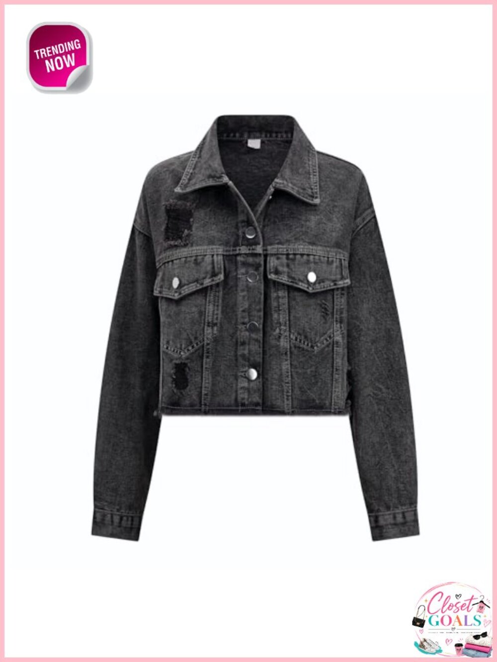 Cropped Distressed Denim Jacket Button-Down Ripped Frayed - Picture 4 of 6
